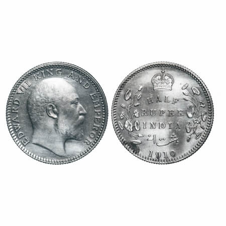 Edward VII, Silver, Half Rupee, 1910, Calcutta Mint, No mint mark. F. Prid 314. GK 971. Ab