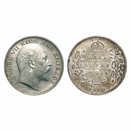 Edward VII, Silver, Half Rupee, 1910, Calcutta Mint, No mint mark. F. Prid 314. GK 971. Ab