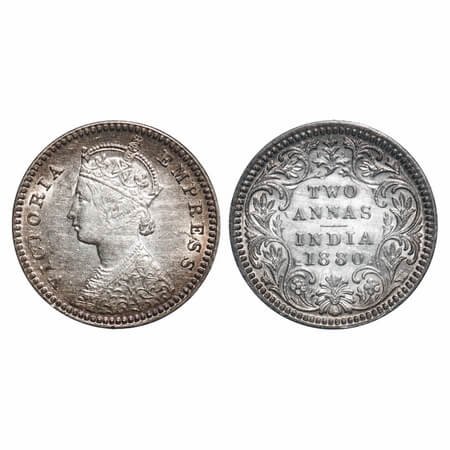 Victoria Queen, Silver, 2 Annas, 1880, Calcutta Mint, B/II, 'C' incused. F. Prid 495. GK 7
