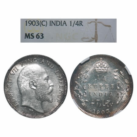 Edward VII, Silver, 1/4 Rupee, 1903, Calcutta Mint, No mint mark. F. Prid 432. GK 972. NGC