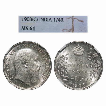 Edward VII, Silver, 1/4 Rupee, 1903, Calcutta Mint, No mint mark. F. Prid 432. GK 972. NGC