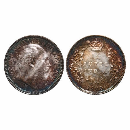 Edward VII, Silver, 1/4 Rupee, 1903, Calcutta Mint, No mint mark, Ghost on Rev, Die crack 