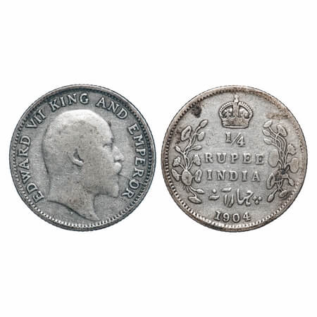 Edward VII, Silver, 1/4 Rupee, 1904, Calcutta Mint, No mint mark. F. Prid 433. GK 973. Fin