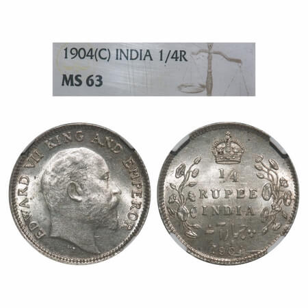Edward VII, Silver, 1/4 Rupee, 1904, Calcutta Mint, No mint mark. F. Prid 433. GK 973. NGC