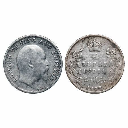 Edward VII, Silver, 1/4 Rupee, 1905, Calcutta Mint, No mint mark. F. Prid 434. GK 974. Fin