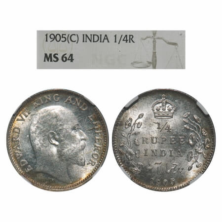 Edward VII, Silver, 1/4 Rupee, 1905, Calcutta Mint, No mint mark. F. Prid 434. GK 974. NGC