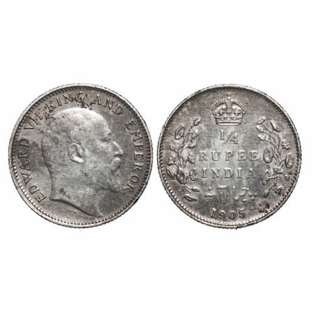 Edward VII, Silver, 1/4 Rupee, 1905, Calcutta Mint, No mint mark. F. Prid 434. GK 974. Ext