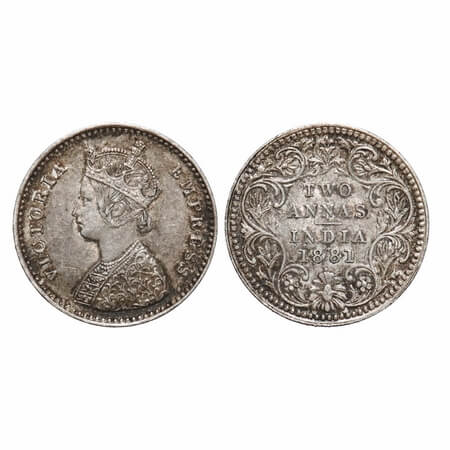 Victoria Empress, Silver, 2 Annas, 1881, Bombay Mint, A/II, Dot. F. Prid 523. GK 756. Extr