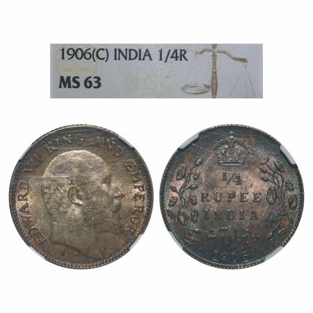 Edward VII, Silver, 1/4 Rupee, 1906, Calcutta Mint, No mint mark. F. Prid 435. GK 975. NGC