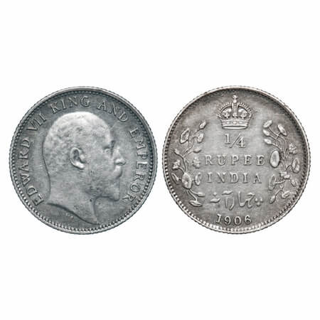 Edward VII, Silver, 1/4 Rupee, 1906, Calcutta Mint, No mint mark. F. Prid 435. GK 975. Ext