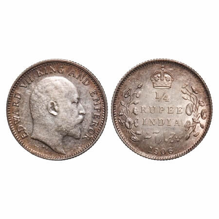 Edward VII, Silver, 1/4 Rupee, 1906, Calcutta Mint, No mint mark. F. Prid 435. GK 975. Abo