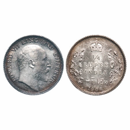 Edward VII, Silver, 1/4 Rupee, 1906, Calcutta Mint, No mint mark, Ghost on Rev. F. Prid 43
