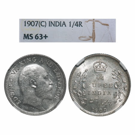 Edward VII, Silver, 1/4 Rupee, 1907, Calcutta Mint, No mint mark. F. Prid 436. GK 976. NGC