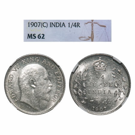Edward VII, Silver, 1/4 Rupee, 1907, Calcutta Mint, No mint mark. F. Prid 436. GK 976. NGC