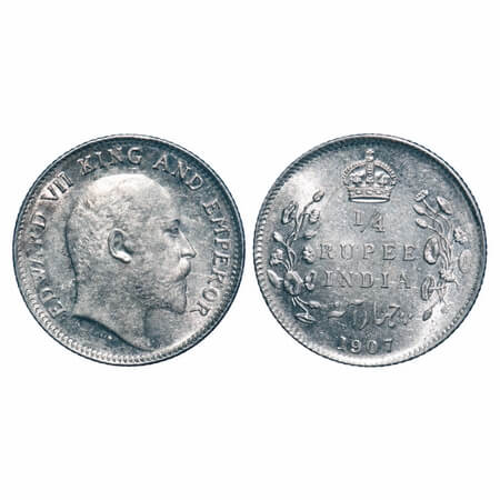 Edward VII, Silver, 1/4 Rupee, 1907, Calcutta Mint, No mint mark, Ghost on Rev. F. Prid 43