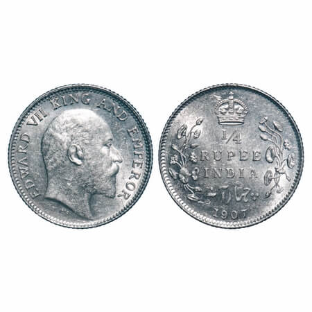 Edward VII, Silver, 1/4 Rupee, 1907, Calcutta Mint, No mint mark. F. Prid 436. GK 976. Unc
