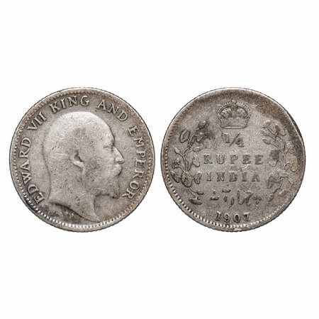 Edward VII, Silver, 1/4 Rupee, 1907, Calcutta Mint, No mint mark. F. Prid 436. GK 976. Fin