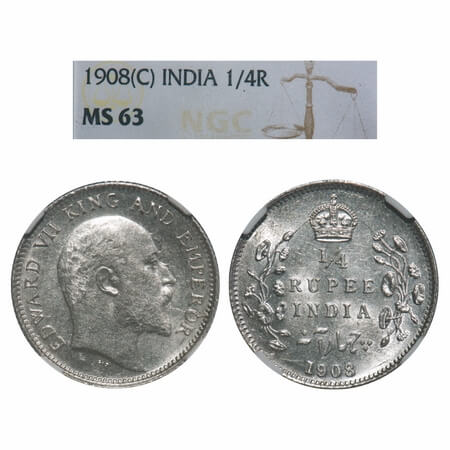 Edward VII, Silver, 1/4 Rupee, 1908, Calcutta Mint, No mint mark. F. Prid 437. GK 977. NGC