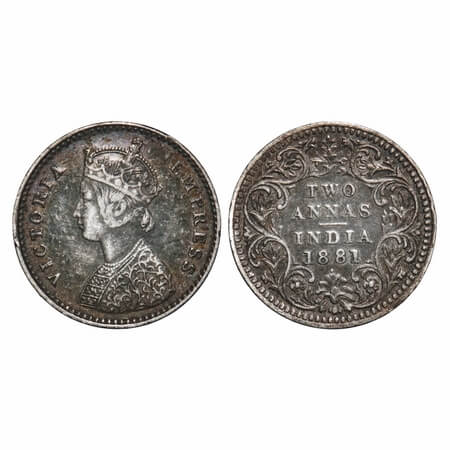 Victoria Empress, Silver, 2 Annas, 1881, Bombay Mint, A/II, Dot. F. Prid 523. GK 756. Very