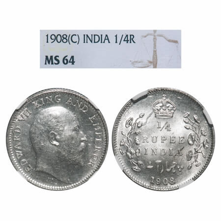 Edward VII, Silver, 1/4 Rupee, 1908, Calcutta Mint, No mint mark. F. Prid 437. GK 977. NGC