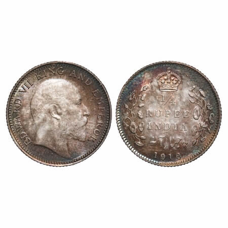 Edward VII, Silver, 1/4 Rupee, 1910, Calcutta Mint, No mint mark. F. Prid 439. GK 978. Abo