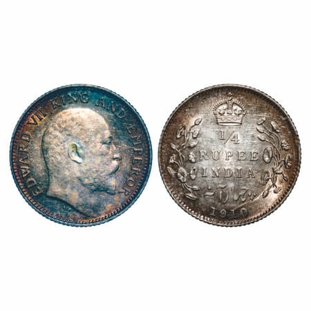 Edward VII, Silver, 1/4 Rupee, 1910, Calcutta Mint, No mint mark, Ghost on Rev. F. Prid 43