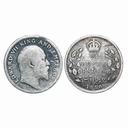 Edward VII, Silver, 1/4 Rupee, 1910, Calcutta Mint, No mint mark. F. Prid 439. GK 978. Fin