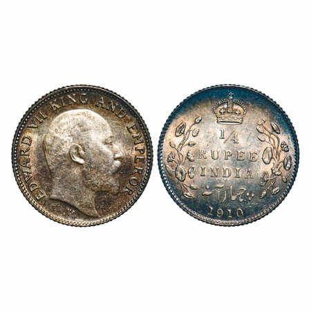 Edward VII, Silver, 1/4 Rupee, 1910, Bombay Mint, Dot. F. Prid Unlisted. GK 979. Uncircula