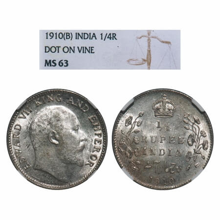 Edward VII, Silver, 1/4 Rupee, 1910, Bombay Mint, Dot, Dot on vine mentioned on the slab. 