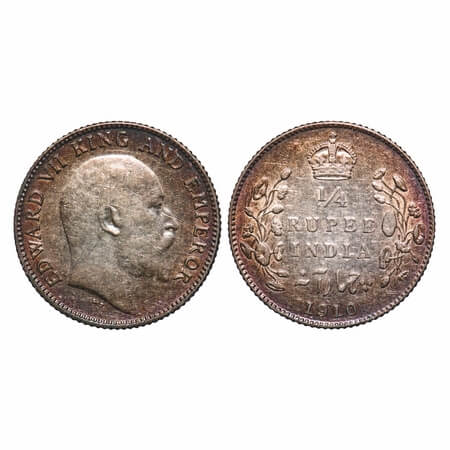 Edward VII, Silver, 1/4 Rupee, 1910, Bombay Mint, Dot. F. Prid Unlisted. GK 979. Extremely