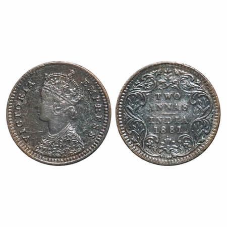 Victoria Empress, Silver, 2 Annas, 1881, Bombay Mint, B/II, Dot. F. Prid 524. GK 757. Very