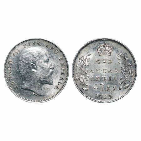 Edward VII, Silver, 2 Annas, 1905, Calcutta Mint, No mint mark, Die crack on Obv. F. Prid 