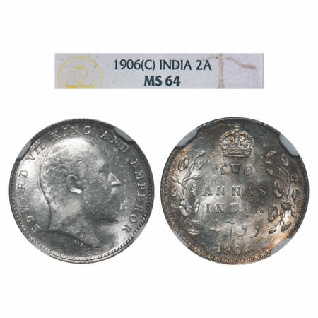 Edward VII, Silver, 2 Anna, 1906, Calcutta Mint, No mint mark. F. Prid 559. GK 983. NGC Sl