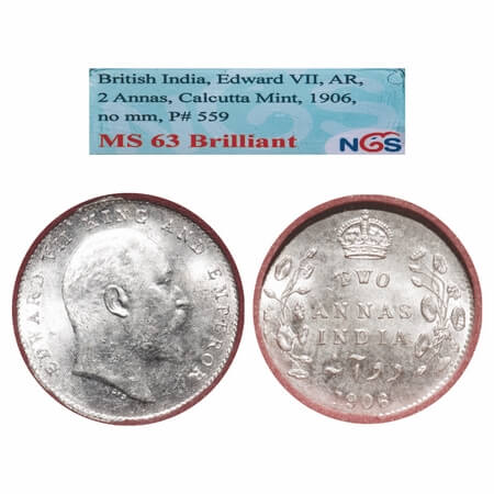 Edward VII, Silver, 2 Annas, 1906, Calcutta Mint, No mint mark. F. Prid 559. GK 983. NGS S