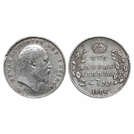 Edward VII, Silver, 2 Annas, 1906, Calcutta Mint, No mint mark, Nick on the rim edge. F. P