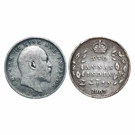 Edward VII, Silver, 2 Annas, 1907, Calcutta Mint, No mint mark. F. Prid 560. GK 984. Very 