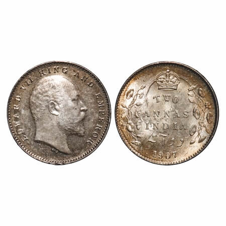 Edward VII, Silver, 2 Annas, 1907, Calcutta Mint, No mint mark, Ghost on Rev. F. Prid 560.