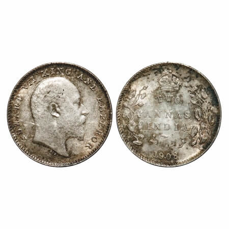 Edward VII, Silver, 2 Annas, 1908, Calcutta Mint, No mint mark. F. Prid 561. GK 985. Brill
