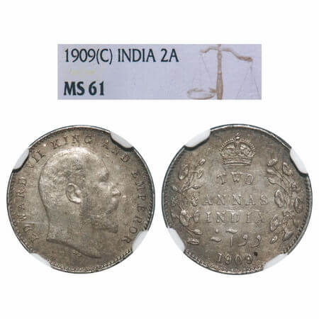 Edward VII, Silver, 2 Annas, 1909, Calcutta Mint, No mint mark. F. Prid 562. GK 986. NGC S