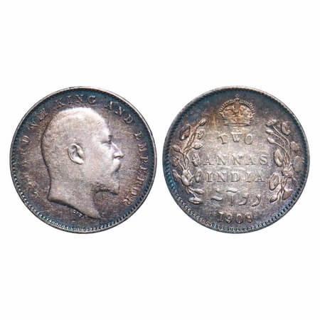 Edward VII, Silver, 2 Annas, 1909, Calcutta Mint, No mint mark. F. Prid 562. GK 986. Extre