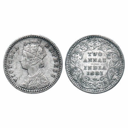 Victoria Empress, Silver, 2 Annas, 1881, Calcutta Mint, B/II, 'C' incused. F. Prid 496. GK