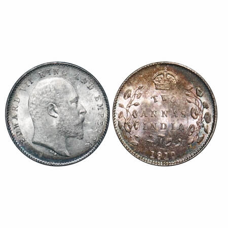 Edward VII, Silver, 2 Annas, 1910, Calcutta Mint, No mint mark. F. Prid 563. GK 987. Brill