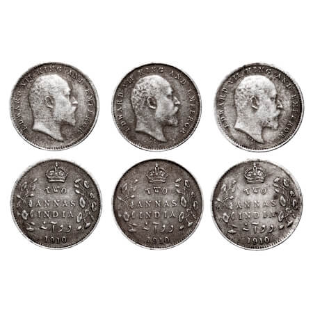 Edward VII, Silver, 2 Annas, (3 coins), 1910, Calcutta Mint, No mint mark. F. Prid 563. GK