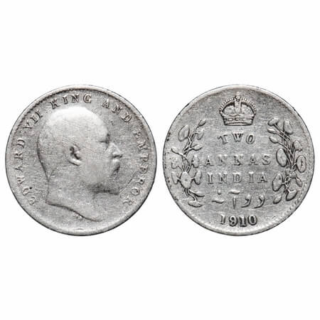 Edward VII, Silver, 2 Annas, 1910, Calcutta Mint, No mint mark. F. Prid 563. GK 987. Fine+