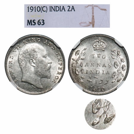 Edward VII, Silver, 2 Annas, 1910, Bombay Mint, Dot, The slab mentions Calcutta Mint but t