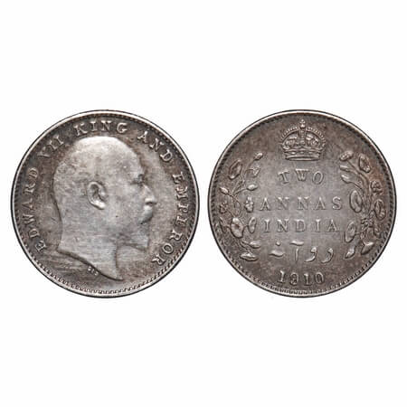 Edward VII, Silver, 2 Annas, 1910, Bombay Mint, Dot. F. Prid Unlisted. GK 988. Extremely F