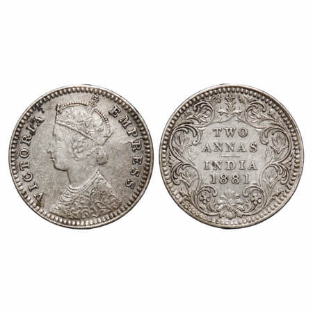 Victoria Empress, Silver, 2 Annas, 1881, Calcutta Mint, B/II, 'C' incused. F. Prid 496. GK