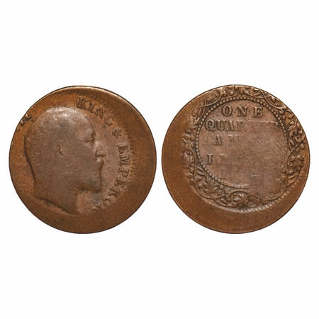 Edward VII, Copper, Quarter Anna, Error, 20% misaligned die. Very Scarce.