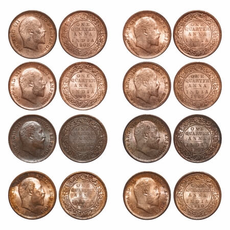 Edward VII, Mix-Metal, (lot of 8 coins), Quarter Anna, Calcutta Mint, No mint mark, 1, 2, 