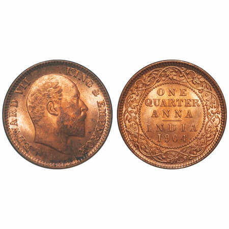 Edward VII, Copper, Quarter Anna, 1904, Calcutta Mint, No mint mark. F. Prid 647. GK 995. 